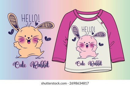 Cute vector smiling rabbit with “HELLO” text and hearts. 