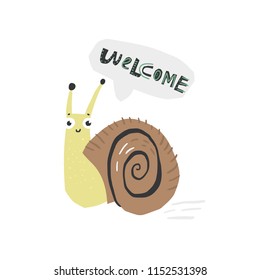 Cute vector snail with phrase welcome - illustration cut out from actual paper. Scrapbook element. Art poster for nursery or kids room poster.