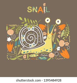 Cute vector snail.Character snail. Cute vector illustration snail doodle style- vector
