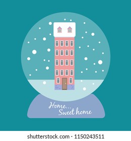 Cute vector snow ball with a multi-storey house and the words home sweet home