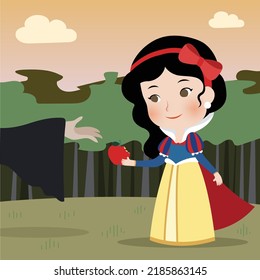 Cute vector Snow White princess character from classic fairy tales biting poison apple from witch in dark forest 