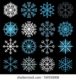 Cute vector snowflakes in blue and white color on dark background for Christmas and winter designs