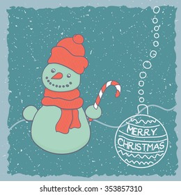 Cute vector snowman with christmas candy cane in a red bonnet and red scarf and "merry christmas" ball 