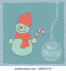 Cute vector snowman with christmas candy cane in a red bonnet and red scarf and "merry christmas" ball 