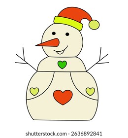 Cute vector snowman with heart decorations and a red-yellow Santa hat. Festive winter character perfect for holiday cards, kids’ projects, and seasonal designs.