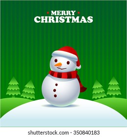 Cute Vector Snowman on Green Background
