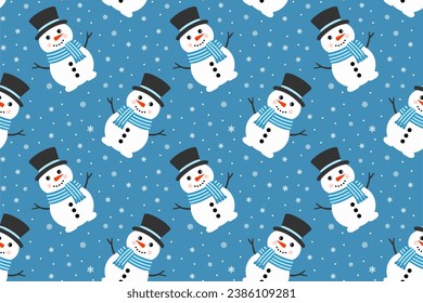 Cute Vector Snowman Seamless Pattern. Falling Snowflakes on Blue Background. Christmas and New Year Design