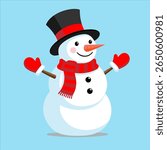 Cute vector snowman wearing a red scarf, red mittens, and a top hat, smiling cheerfully on a light blue winter background