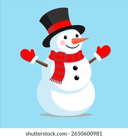 Cute vector snowman wearing a red scarf, red mittens, and a top hat, smiling cheerfully on a light blue winter background