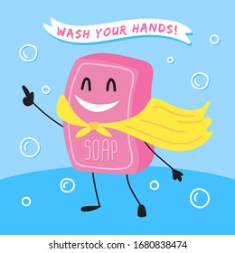 Cute vector soap bar with a superhero cape. Cartoon character. Wash your hands sign.