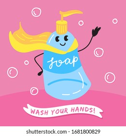 Cute vector soap bottle with a superhero cape. Cartoon character. Wash your hands sign.