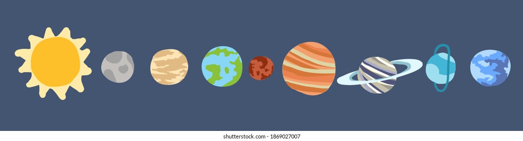 Cute Vector of Solar system, Sun, Mercury, Venus, Earth, Mars, Jupiter, Saturn, Uranus, and Neptune illustration