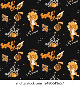 A cute vector space pattern illustration with a cat in space surrounded by planets and rockets. This drawing is appropriate for kids of both genders. 