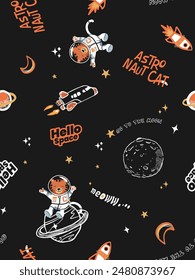 Una linda ilustración de un patrón de espacio de Vector con un gato en el espacio rodeado de planetas y cohetes. Este dibujo es apropiado para niños de ambos géneros.