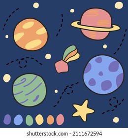 Cute Vektorgrafik mit Themen auf dunkelblauem Hintergrund, mit bunten Planeten, Stern, Meteor und pastellfarbenen Farbpaletten