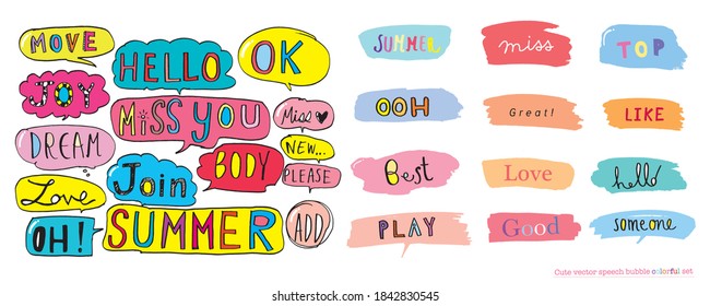 Conjunto de colores de burbujas de voz de vector lindo,Conjunto de burbujas de voz dibujado a mano con escritura manual