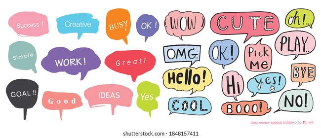 Conjunto de colores de burbujas de voz de vector lindo,Conjunto de burbujas de voz dibujado a mano con escritura manual
