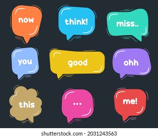 Cute vector speech bubble colorful set (welcome, with me, today, now, best, idea, you, miss, ohh, think, me)