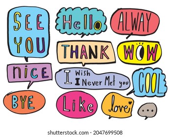 Cute vector speech bubble colorful set,Hand drawn set of speech bubbles with handwritten for book ,card, business, poster design. Vector illustration design for fashion fabrics, textile graphics
