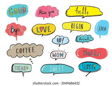 Cute vector speech bubble colorful set,Hand drawn set of speech bubbles with handwritten for book ,card, business, poster design. Vector illustration design for fashion fabrics, textile graphics