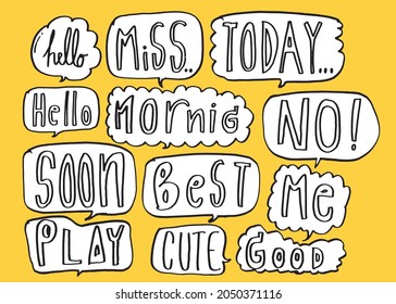 Cute vector speech bubble colorful set,Hand drawn set of speech bubbles with handwritten for book ,card, business, poster design. Vector illustration design for fashion fabrics, textile graphics