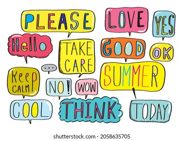 Cute vector speech bubble colorful set,Hand drawn set of speech bubbles with handwritten for book ,card, business, poster design. Vector illustration design for fashion fabrics, textile graphics