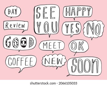 Cute vector speech bubble colorful set,Hand drawn set of speech bubbles with handwritten for book ,card, business, poster design. Vector illustration design for fashion fabrics, textile graphics