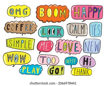 Cute vector speech bubble colorful set,Hand drawn set of speech bubbles with handwritten for book ,card, business, poster design. Vector illustration design for fashion fabrics, textile graphics