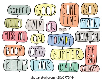 Cute vector speech bubble colorful set,Hand drawn set of speech bubbles with handwritten for book ,card, business, poster design. Vector illustration design for fashion fabrics, textile graphics