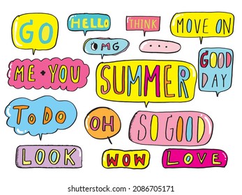 Cute vector speech bubble colorful set,Hand drawn set of speech bubbles with handwritten for book ,card, business, poster design. Vector illustration design for fashion fabrics, textile graphics
