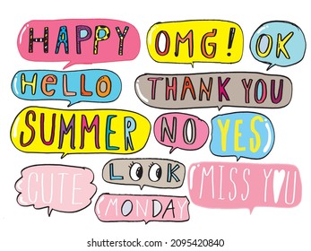 Cute vector speech bubble colorful set,Hand drawn set of speech bubbles with handwritten for book ,card, business, poster design. Vector illustration design for fashion fabrics, textile graphics