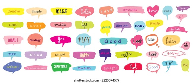 Cute vector speech bubble colorful set,Hand drawn set of speech bubbles with handwritten for book ,card, business, poster design. Vector illustration design for fashion fabrics, textile graphics