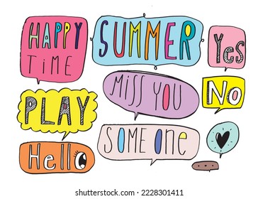 Cute vector speech bubble colorful set,Hand drawn set of speech bubbles with handwritten for book ,card, business, poster design. Vector illustration design for fashion fabrics, textile graphics