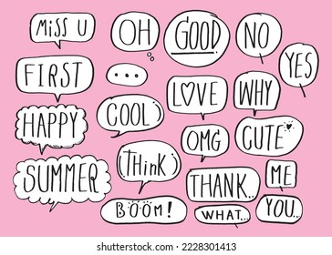 Cute vector speech bubble colorful set,Hand drawn set of speech bubbles with handwritten for book ,card, business, poster design. Vector illustration design for fashion fabrics, textile graphics