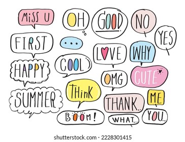 Cute vector speech bubble colorful set,Hand drawn set of speech bubbles with handwritten for book ,card, business, poster design. Vector illustration design for fashion fabrics, textile graphics