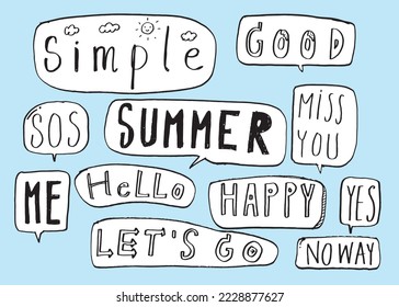 Cute vector speech bubble colorful set,Hand drawn set of speech bubbles with handwritten for book ,card, business, poster design. Vector illustration design for fashion fabrics, textile graphics
