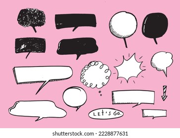 Cute vector speech bubble colorful set,Hand drawn set of speech bubbles with handwritten for book ,card, business, poster design. Vector illustration design for fashion fabrics, textile graphics
