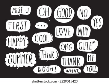 Cute vector speech bubble colorful set,Hand drawn set of speech bubbles with handwritten for book ,card, business, poster design. Vector illustration design for fashion fabrics, textile graphics