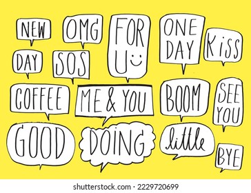 Cute vector speech bubble colorful set,Hand drawn set of speech bubbles with handwritten for book ,card, business, poster design. Vector illustration design for fashion fabrics, textile graphics