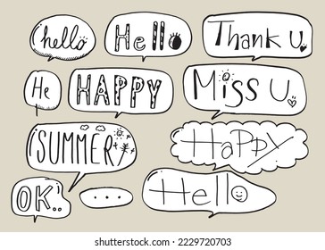 Cute vector speech bubble colorful set,Hand drawn set of speech bubbles with handwritten for book ,card, business, poster design. Vector illustration design for fashion fabrics, textile graphics