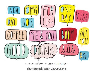 Cute vector speech bubble colorful set,Hand drawn set of speech bubbles with handwritten for book ,card, business, poster design. Vector illustration design for fashion fabrics, textile graphics