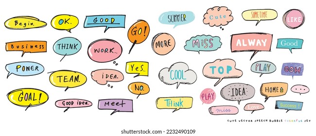 Cute vector speech bubble colorful set,Hand drawn set of speech bubbles with handwritten for book ,card, business, poster design. Vector illustration design for fashion fabrics, textile graphics