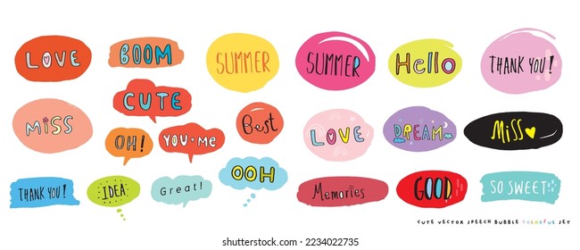 Cute vector speech bubble colorful set,Hand drawn set of speech bubbles with handwritten for book ,card, business, poster design. Vector illustration design for fashion fabrics, textile graphics