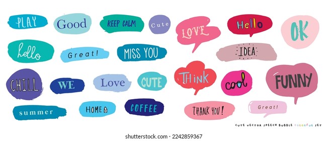 Cute vector speech bubble colorful set,Hand drawn set of speech bubbles with handwritten for book ,card, business, poster design. Vector illustration design for fashion fabrics, textile graphics