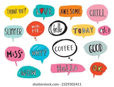 Cute vector speech bubble colorful set,Hand drawn set of speech bubbles with handwritten for book ,card, business, poster design. Vector illustration design for fashion fabrics, textile graphics