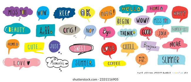 Cute vector speech bubble colorful set,Hand drawn set of speech bubbles with handwritten for book ,card, business, poster design. Vector illustration design for fashion fabrics, textile graphics