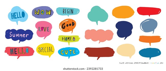 Cute vector speech bubble colorful set,Hand drawn set of speech bubbles with handwritten for book ,card, business, poster design. Vector illustration design for fashion fabrics, textile graphics