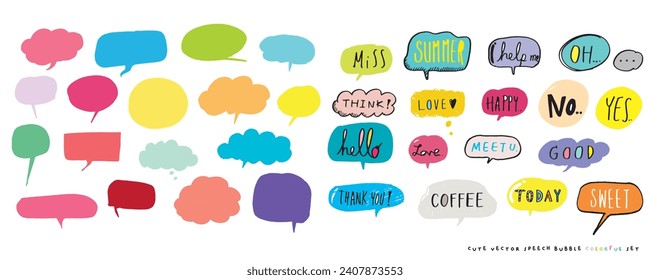 Cute vector speech bubble colorful set,Hand drawn set of speech bubbles with handwritten for book ,card, business, poster design. Vector illustration design for fashion fabrics, textile graphics