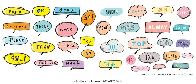Cute vector speech bubble colorful set,Hand drawn set of speech bubbles with handwritten for book ,card, business, poster design. Vector illustration design for fashion fabrics, textile graphics