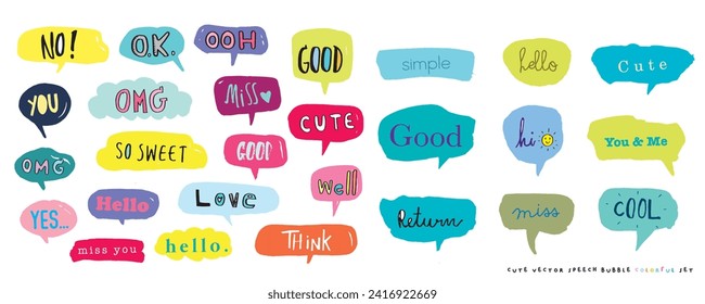 Cute vector speech bubble colorful set,Hand drawn set of speech bubbles with handwritten for book ,card, business, poster design. Vector illustration design for fashion fabrics, textile graphics